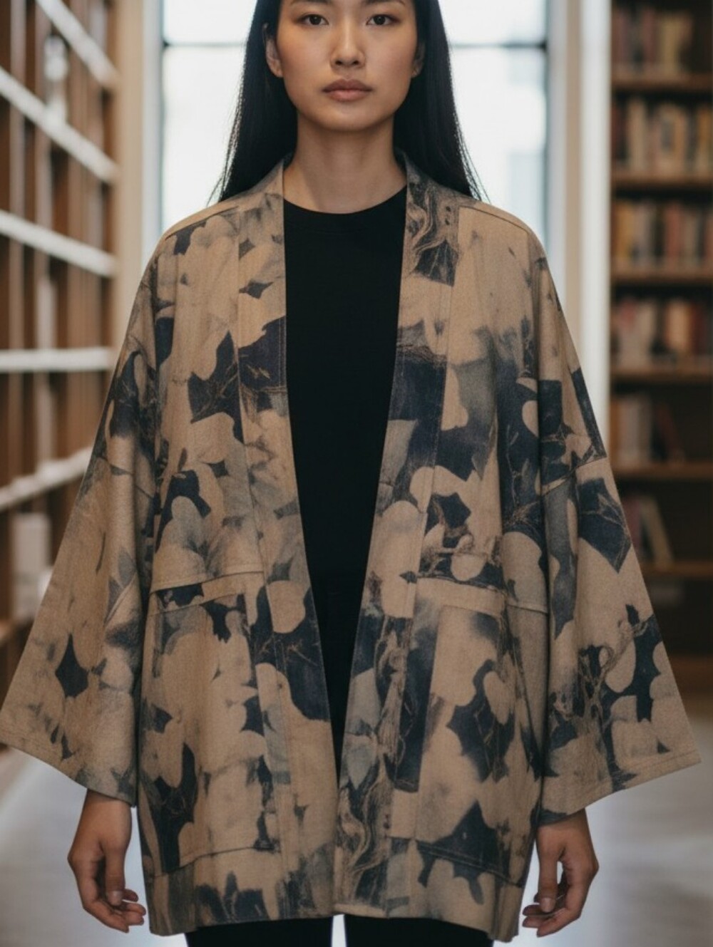 Anthropologie Beige and Black Abstract Kimono Jacket